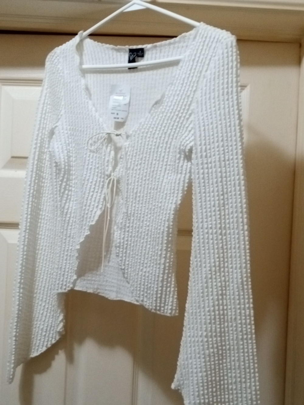 White Knit Lace-Up Crinkle Design Women's Top